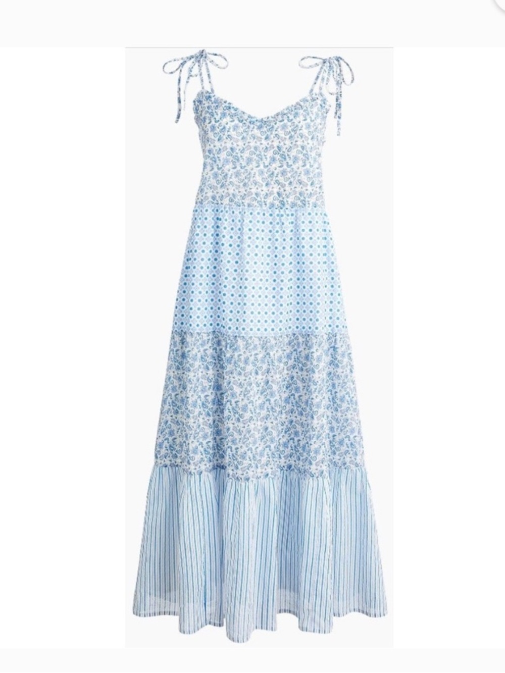 J. Crew Factory Blue & White Floral Patchwork Tiered Midi Dress size L NWT